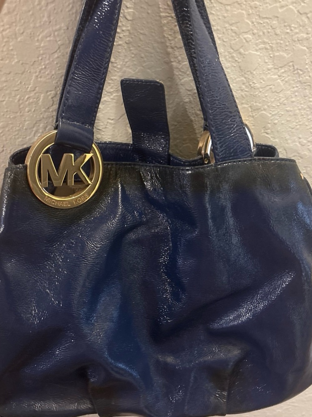 Michael Kors Dark Navy Leather Shoulder Bag with Gold MK Charm
